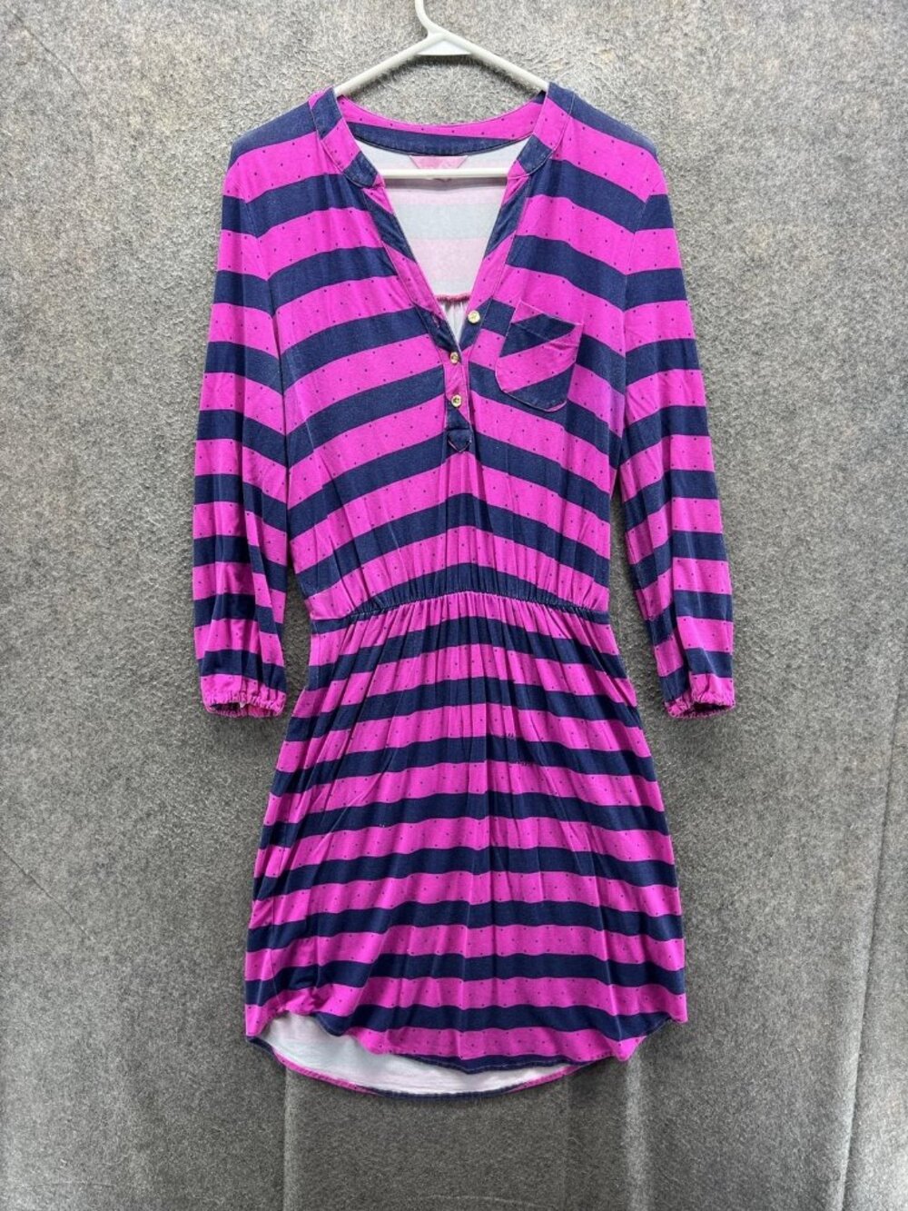 Lilly Pulitzer Dress Womens Small Pink Striped Henley 3/4 Sleeve Fit Flare Short